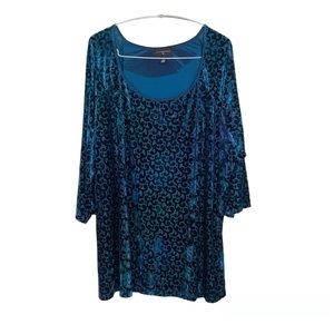 Investments ll Size 3X Teal Blue Velvet Burnout Tunic Peacock Feather print